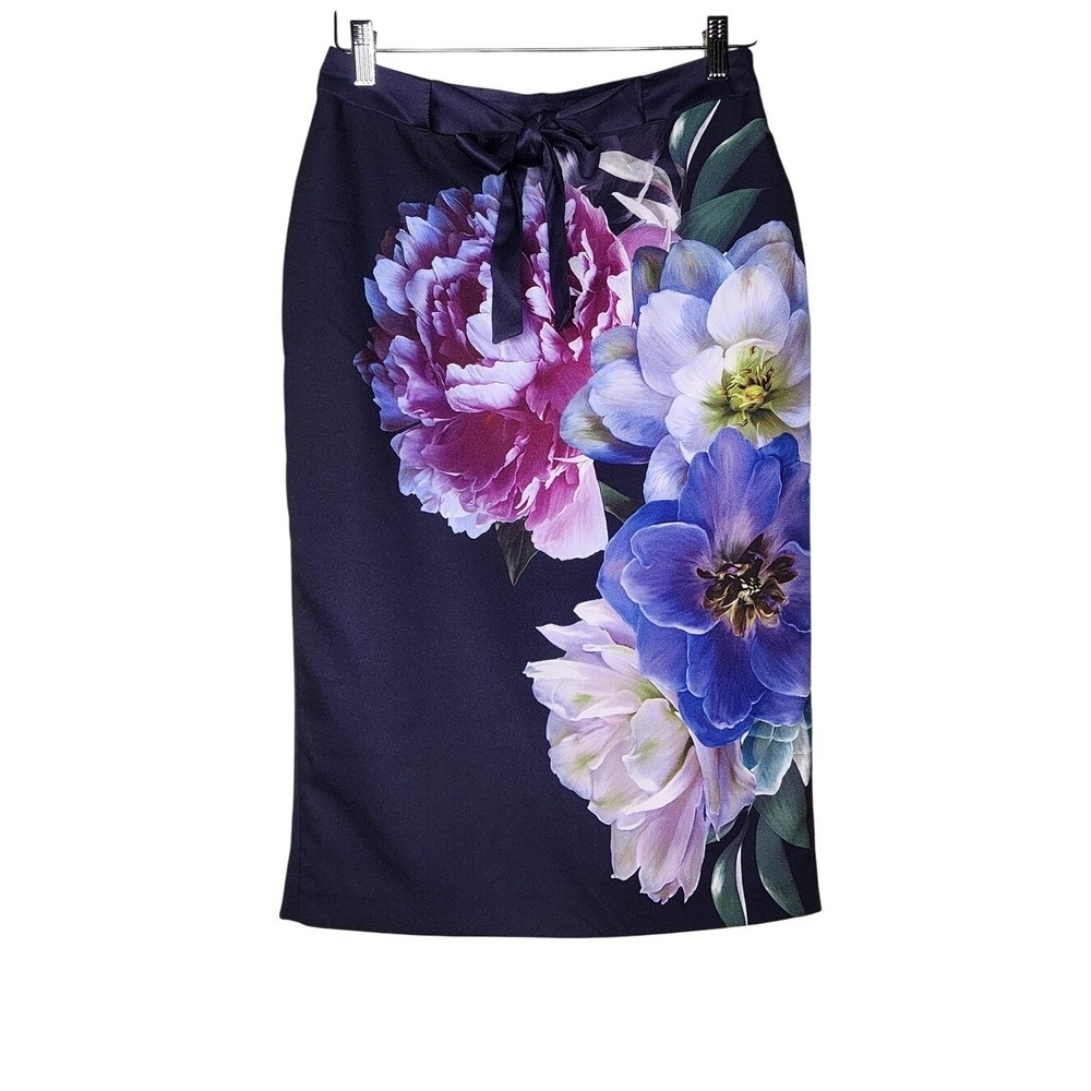Oasis Blue‎ Purple Floral Pencil Skirt Party Satin Tie Waist Dark Romantic 10